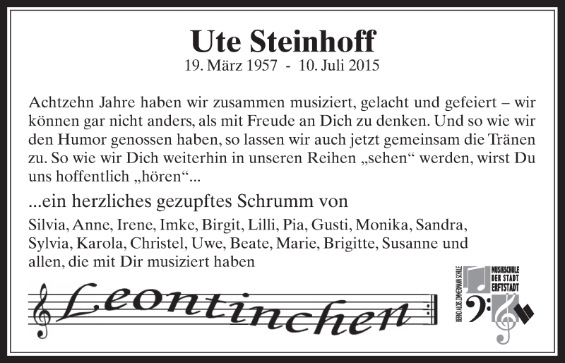  Traueranzeige für Ute Steinhoff vom 29.07.2015 aus  Werbepost 