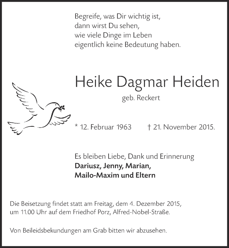  Traueranzeige für Heike Dagmar Heiden vom 02.12.2015 aus  Kölner Wochenspiegel 