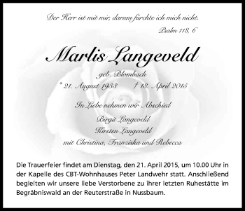 Anzeige von Marlis Langeveld von Kölner Stadt-Anzeiger / Kölnische Rundschau / Express