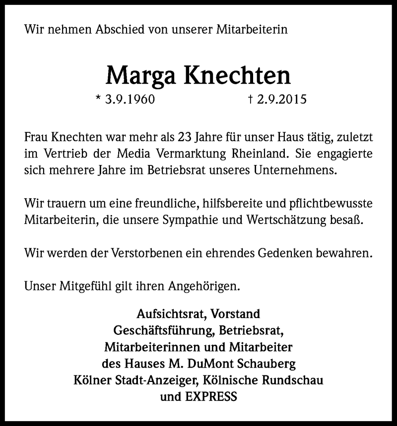  Traueranzeige für Marga Knechten vom 09.09.2015 aus Kölner Stadt-Anzeiger / Kölnische Rundschau / Express