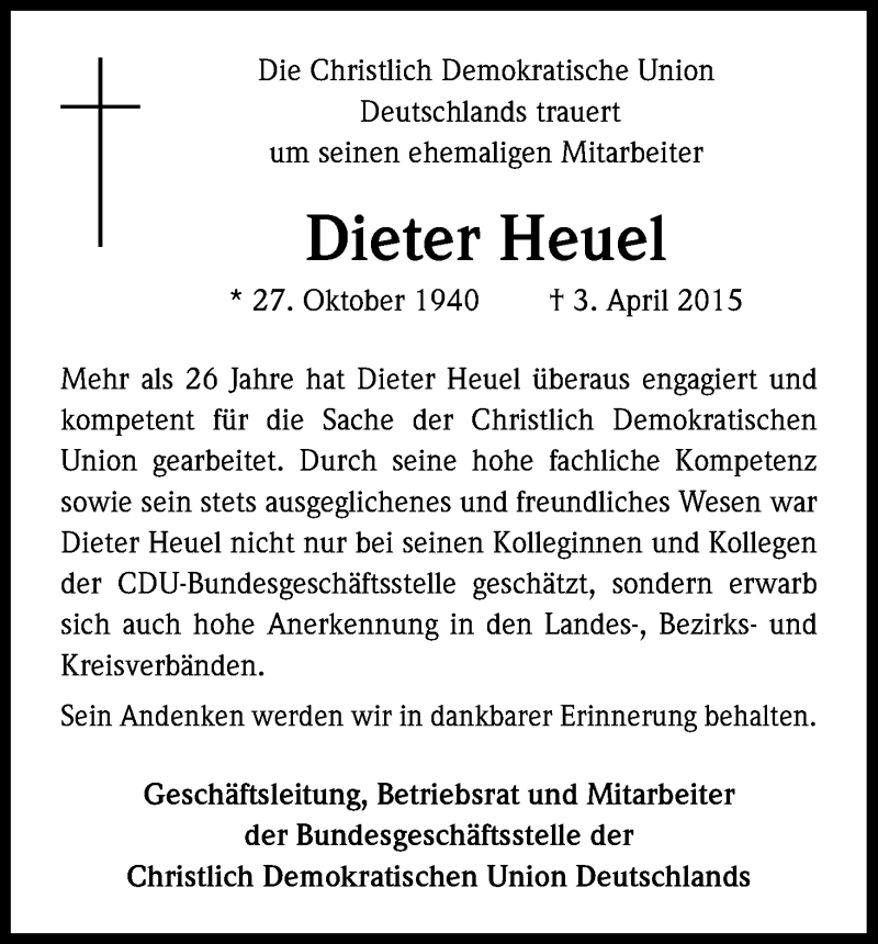  Traueranzeige für Dieter Heuel vom 11.04.2015 aus Kölner Stadt-Anzeiger / Kölnische Rundschau / Express