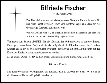 Anzeige von Elfriede Fischer von Kölner Stadt-Anzeiger / Kölnische Rundschau / Express