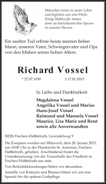 Anzeige von Richard Vossel von  Sonntags-Post 