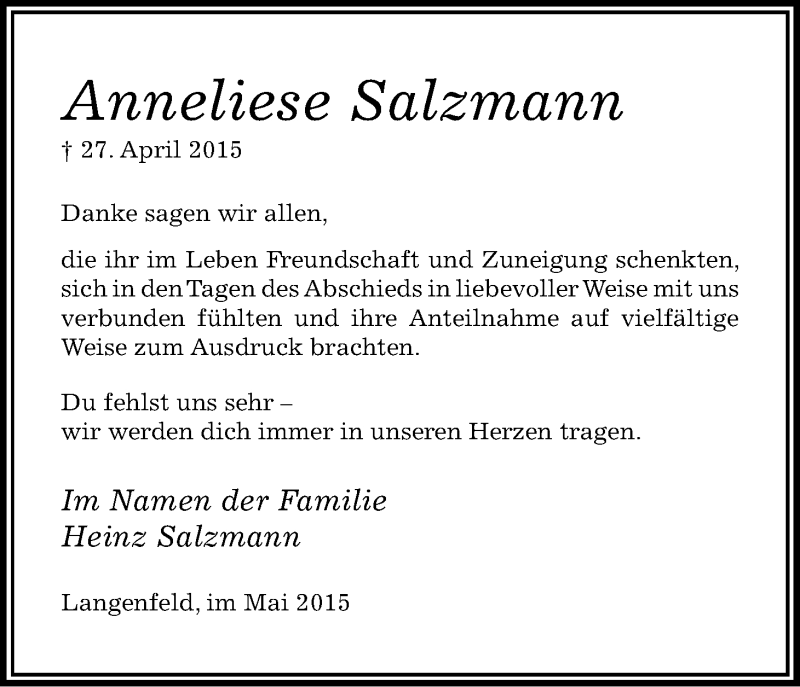  Traueranzeige für Anneliese Salzmann vom 30.05.2015 aus Kölner Stadt-Anzeiger / Kölnische Rundschau / Express