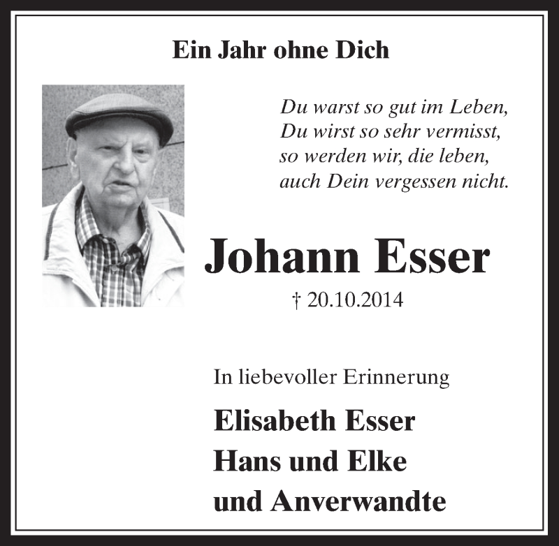  Traueranzeige für Johann Esser vom 21.10.2015 aus  Wochenende 