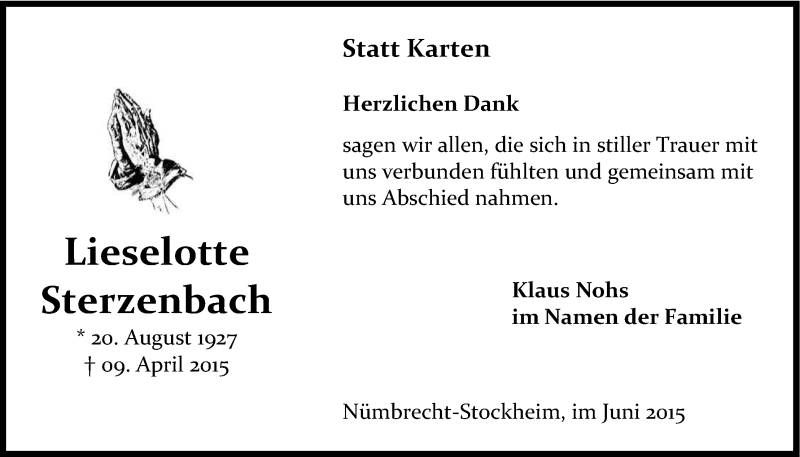  Traueranzeige für Lieselotte Sterzenbach vom 03.06.2015 aus Kölner Stadt-Anzeiger / Kölnische Rundschau / Express