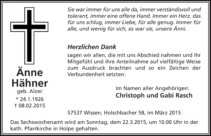  Traueranzeige für Änne Hähner vom 18.03.2015 aus  Lokalanzeiger 