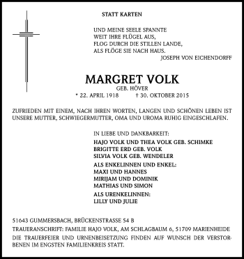 Anzeige von Margret Volk von Kölner Stadt-Anzeiger / Kölnische Rundschau / Express