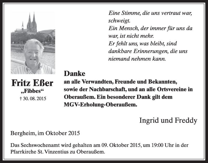  Traueranzeige für Fritz Eßer vom 02.10.2015 aus  Sonntags-Post 