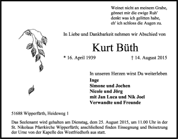Anzeige von Kurt Büth von Kölner Stadt-Anzeiger / Kölnische Rundschau / Express