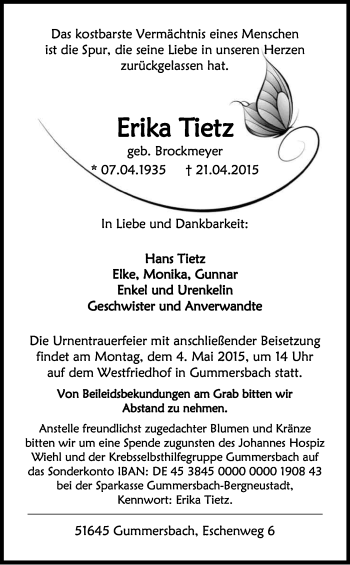 Anzeige von Erika Tietz von Kölner Stadt-Anzeiger / Kölnische Rundschau / Express