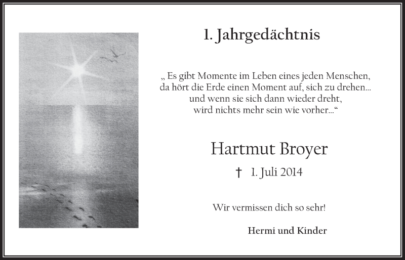  Traueranzeige für Hartmut Broyer vom 01.07.2015 aus  Werbepost 