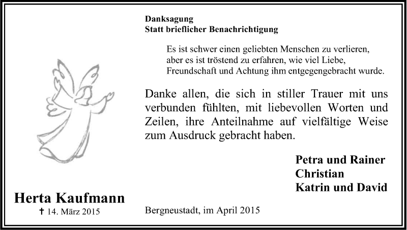  Traueranzeige für Herta Kaufmann vom 18.04.2015 aus Kölner Stadt-Anzeiger / Kölnische Rundschau / Express