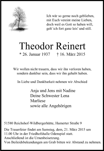 Anzeige von Theodor Reinert von Kölner Stadt-Anzeiger / Kölnische Rundschau / Express