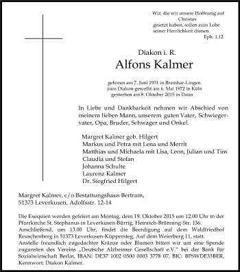 Anzeige von Alfons Kalmer von Kölner Stadt-Anzeiger / Kölnische Rundschau / Express