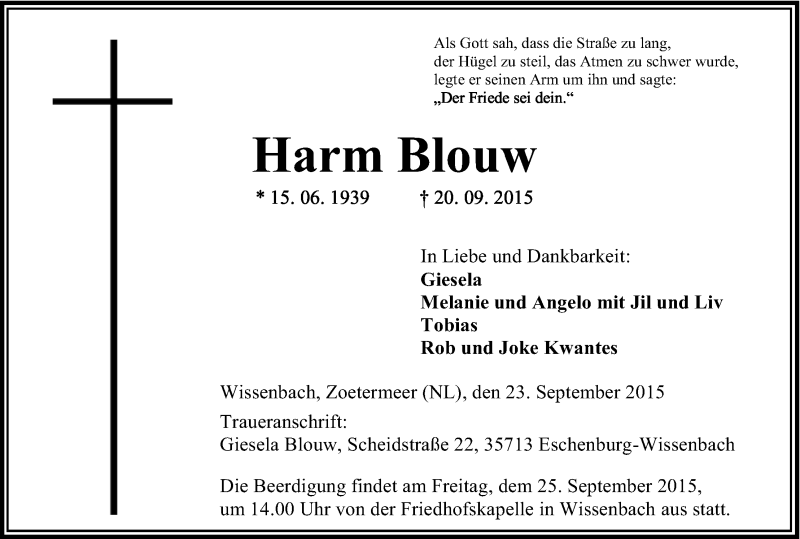  Traueranzeige für Harm Blouw vom 24.09.2015 aus Kölner Stadt-Anzeiger / Kölnische Rundschau / Express