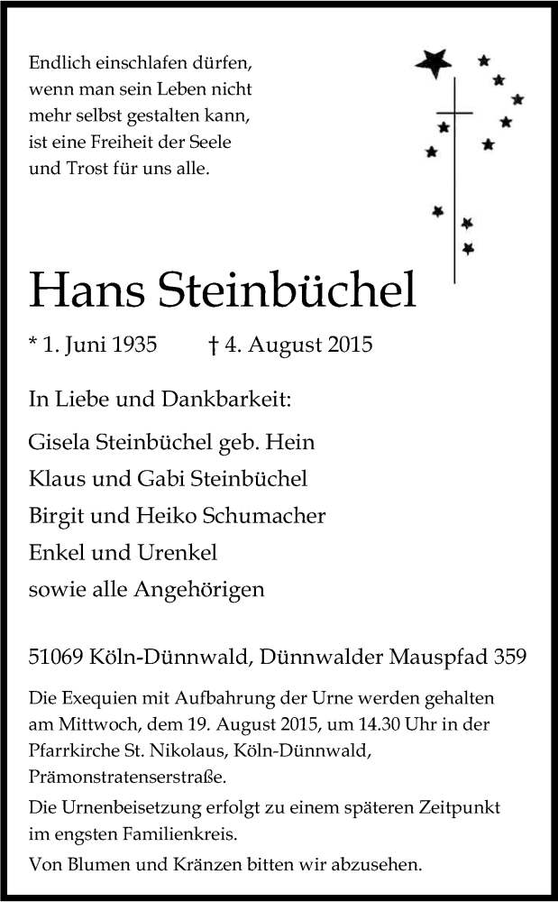  Traueranzeige für Hans Steinbüchel vom 13.08.2015 aus Kölner Stadt-Anzeiger / Kölnische Rundschau / Express
