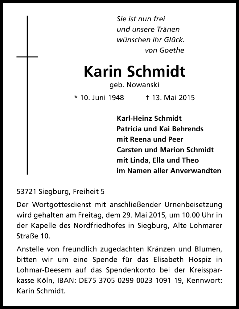  Traueranzeige für Karin Schmidt vom 23.05.2015 aus Kölner Stadt-Anzeiger / Kölnische Rundschau / Express