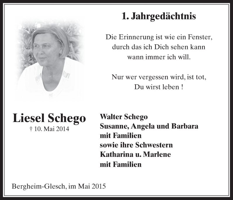  Traueranzeige für Liesel Schego vom 06.05.2015 aus  Werbepost 