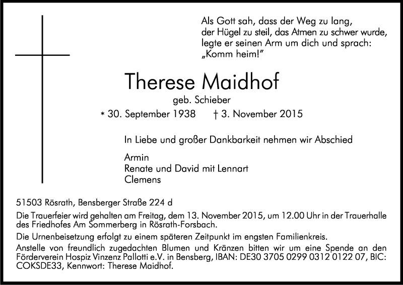  Traueranzeige für Therese Maidhof vom 07.11.2015 aus Kölner Stadt-Anzeiger / Kölnische Rundschau / Express