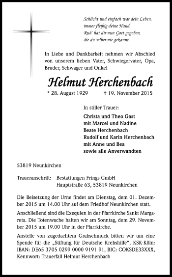 Anzeige von Helmut Herchenbach von Kölner Stadt-Anzeiger / Kölnische Rundschau / Express