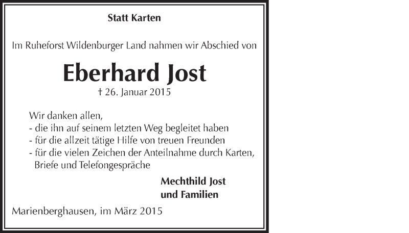  Traueranzeige für Eberhard Jost vom 25.03.2015 aus  Lokalanzeiger 