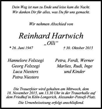 Anzeige von Reinhard Hartwich von Köln - Wir Trauern