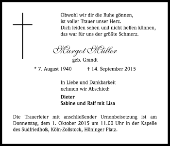 Anzeige von Margot Müller von Kölner Stadt-Anzeiger / Kölnische Rundschau / Express