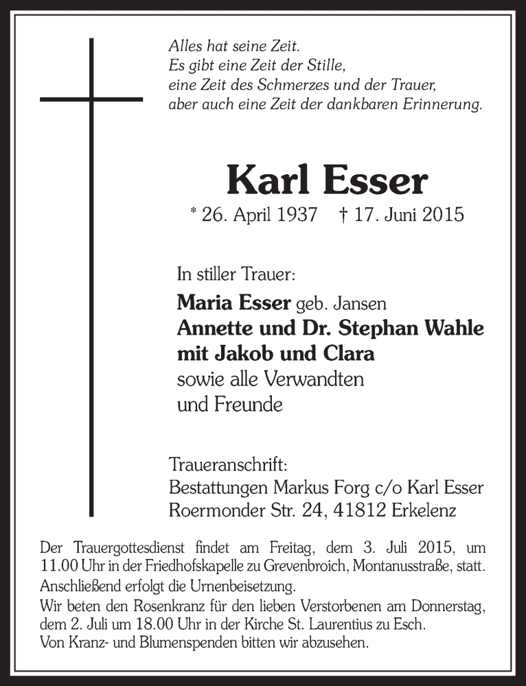  Traueranzeige für Karl Esser vom 01.07.2015 aus  Werbepost 