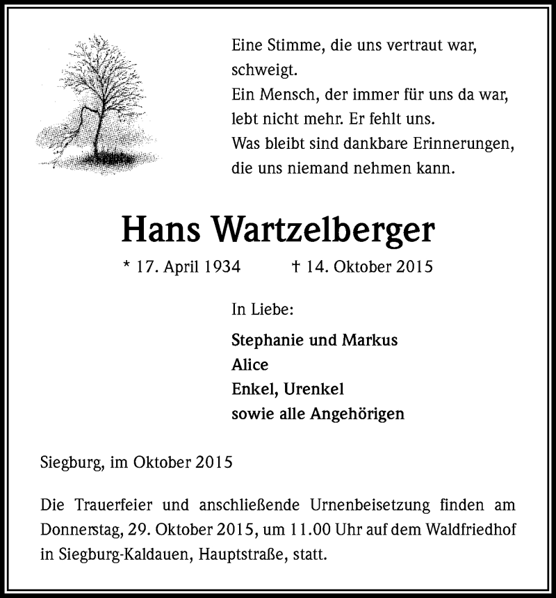  Traueranzeige für Hans Wartzelberger vom 24.10.2015 aus Kölner Stadt-Anzeiger / Kölnische Rundschau / Express