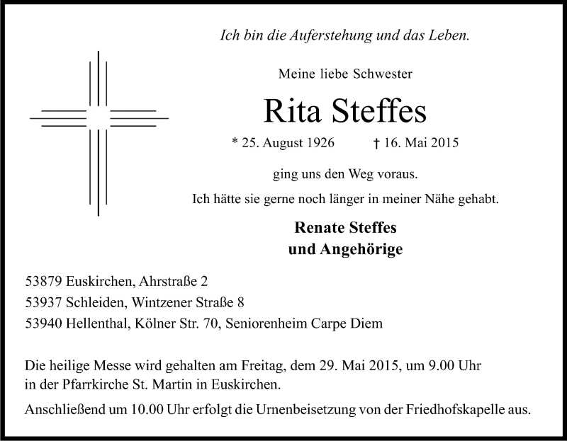  Traueranzeige für Rita Steffes vom 23.05.2015 aus Kölner Stadt-Anzeiger / Kölnische Rundschau / Express
