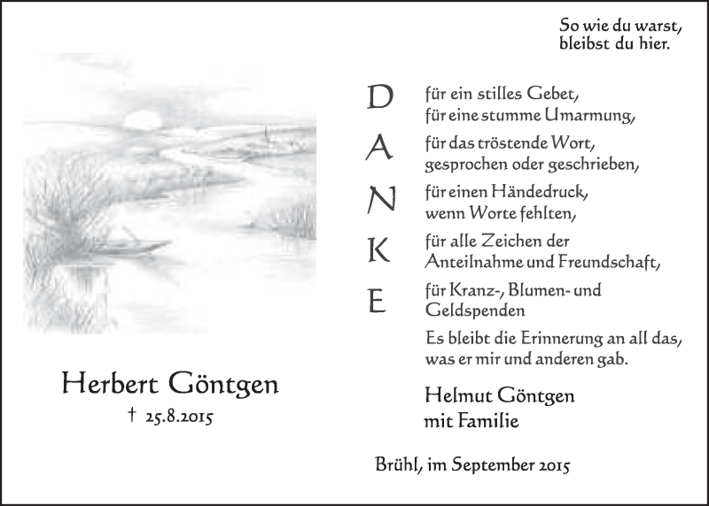  Traueranzeige für Herbert Göntgen vom 16.09.2015 aus  Schlossbote/Werbekurier 