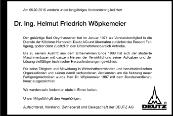 Anzeige von Helmut Friedrich Wöpkemeier von Kölner Stadt-Anzeiger / Kölnische Rundschau / Express