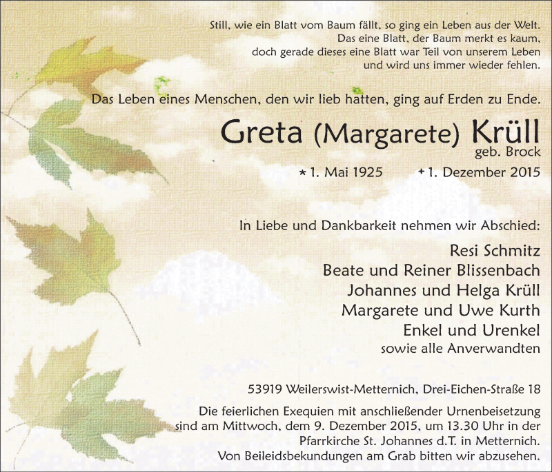  Traueranzeige für Greta Krüll vom 06.12.2015 aus  Blickpunkt Euskirchen 