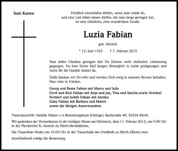 Anzeige von Luzia Fabian von Kölner Stadt-Anzeiger / Kölnische Rundschau / Express
