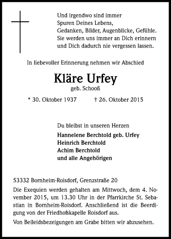 Anzeige von Kläre Urfey von Kölner Stadt-Anzeiger / Kölnische Rundschau / Express