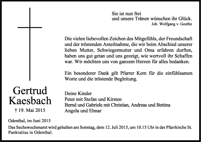  Traueranzeige für Gertrud Kaesbach vom 27.06.2015 aus Kölner Stadt-Anzeiger / Kölnische Rundschau / Express