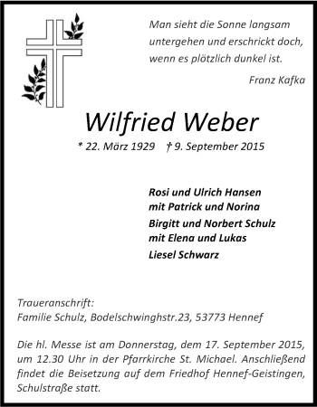 Anzeige von Wilfried Weber von Kölner Stadt-Anzeiger / Kölnische Rundschau / Express