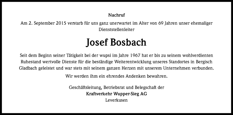  Traueranzeige für Josef Bosbach vom 11.09.2015 aus Kölner Stadt-Anzeiger / Kölnische Rundschau / Express