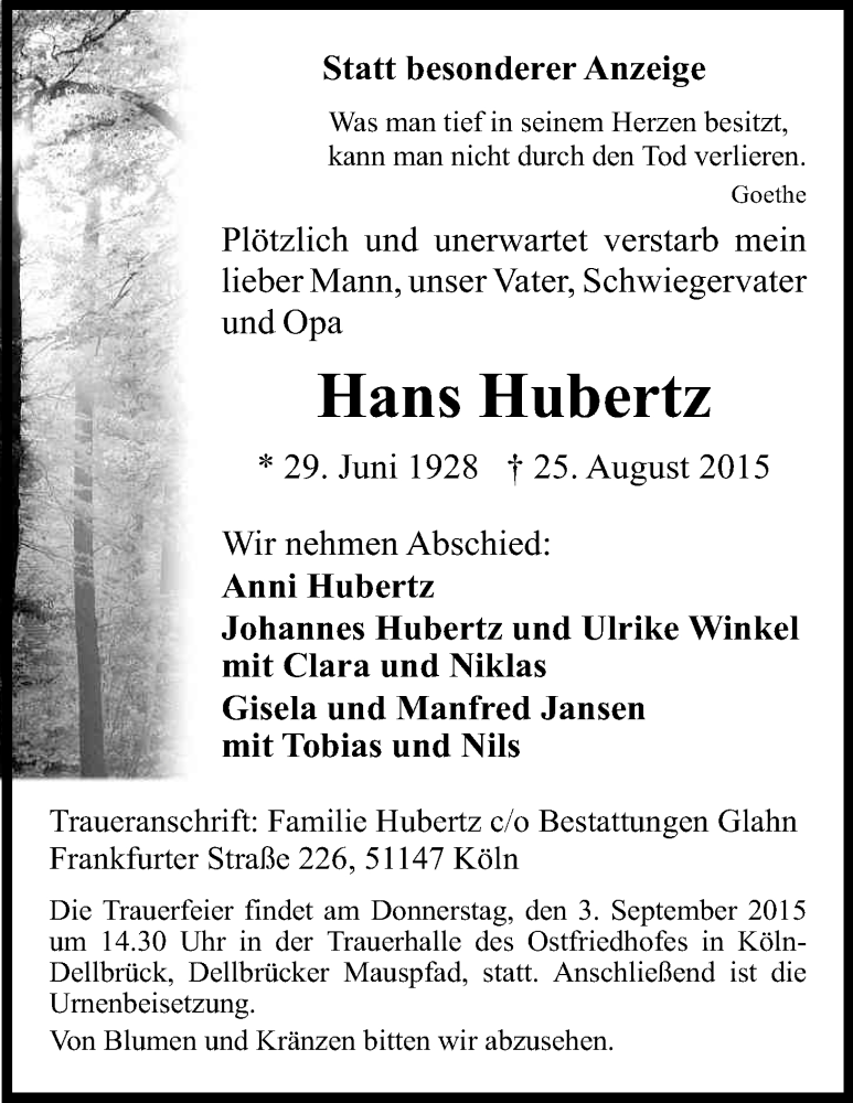  Traueranzeige für Hans Hubertz vom 29.08.2015 aus Kölner Stadt-Anzeiger / Kölnische Rundschau / Express