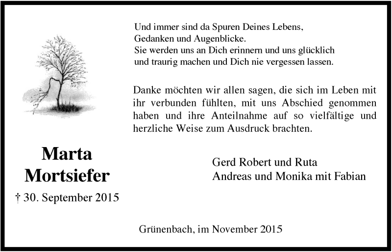  Traueranzeige für Marta Mortsiefer vom 18.11.2015 aus  Lokalanzeiger 