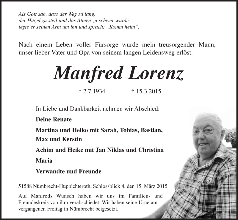 Traueranzeige für Manfred Lorenz vom 25.03.2015 aus  Lokalanzeiger 