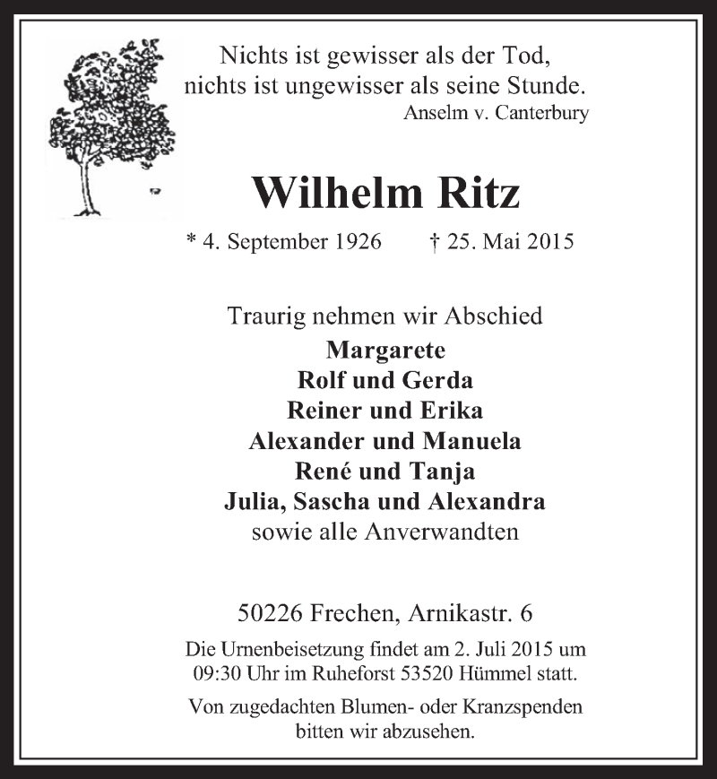  Traueranzeige für Wilhelm Ritz vom 10.06.2015 aus  Werbepost 