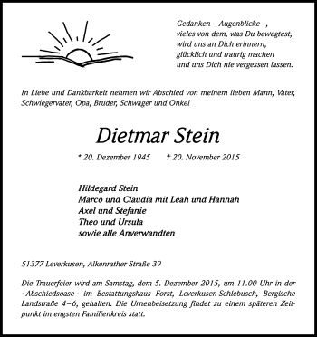 Anzeige von Dietmar Stein von Kölner Stadt-Anzeiger / Kölnische Rundschau / Express
