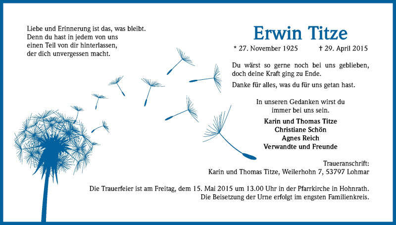  Traueranzeige für Erwin Titze vom 13.05.2015 aus Kölner Stadt-Anzeiger / Kölnische Rundschau / Express