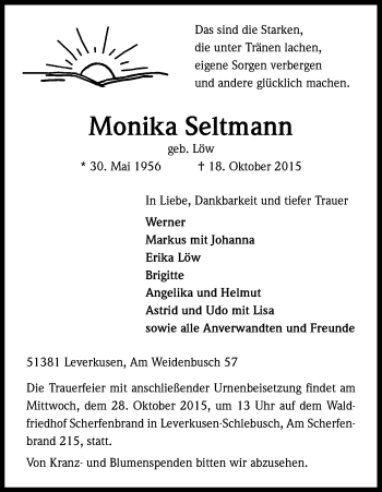 Anzeige von Monika Seltmann von Kölner Stadt-Anzeiger / Kölnische Rundschau / Express