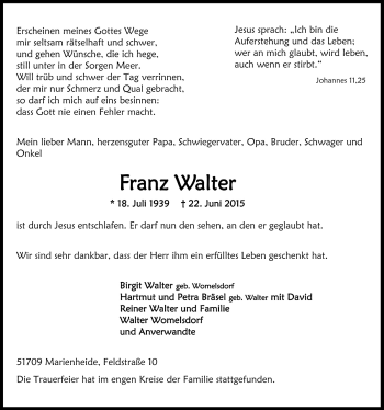 Anzeige von Franz Walter von  Anzeigen Echo 