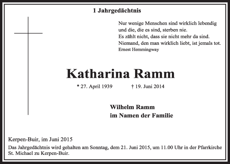  Traueranzeige für Katharina Ramm vom 13.06.2015 aus  Sonntags-Post 