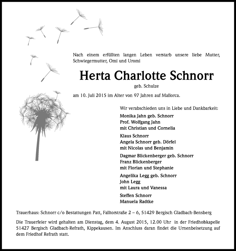  Traueranzeige für Herta Charlotte Schnorr vom 28.07.2015 aus Kölner Stadt-Anzeiger / Kölnische Rundschau / Express