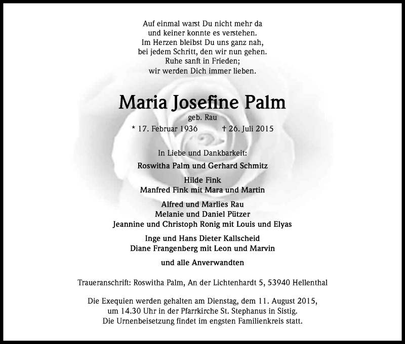  Traueranzeige für Maria Josefine Palm vom 08.08.2015 aus Kölner Stadt-Anzeiger / Kölnische Rundschau / Express